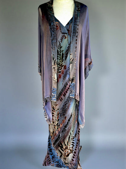 1990s Zonda Nellis silk burnout velvet bias-cut gown with sheer lavender shawl, front view on dress form