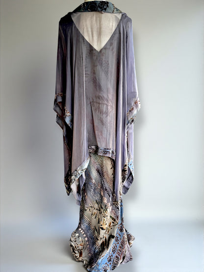 Back view of Zonda Nellis sheer shawl over bias-cut burnout velvet gown